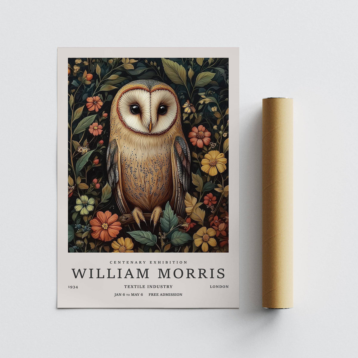 Owl prints featuring a barn owl illustration with colourful flowers laid flat next to a brown packaging tube