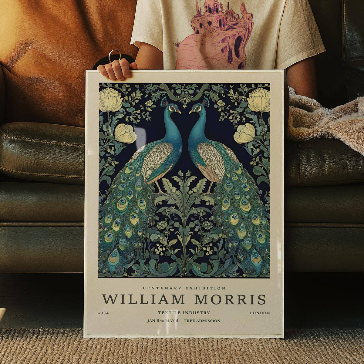 Large Peacock Wall Art framed print close-up with blue green pair of peacocks and cream flowers in an art-deco style