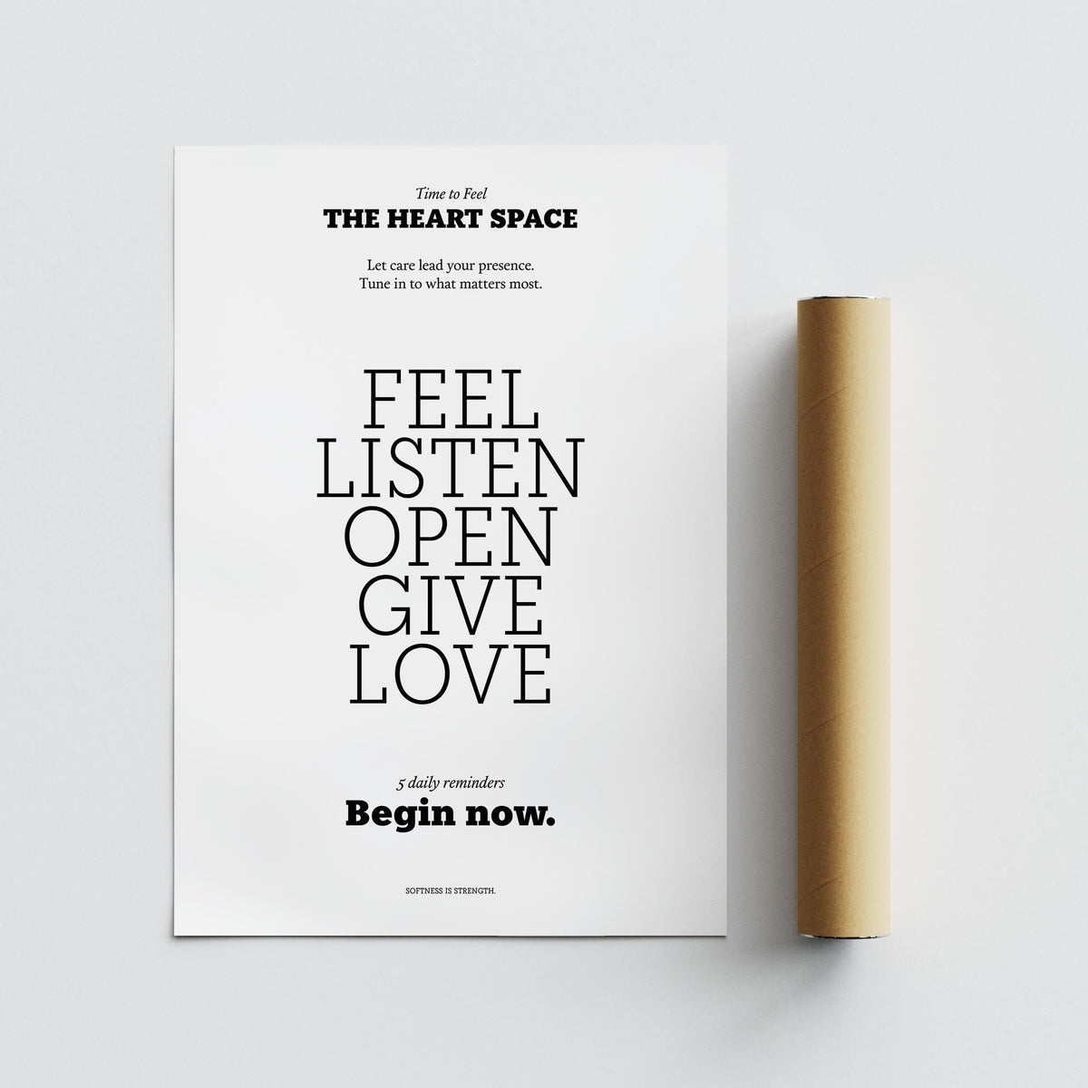 Bedroom Wall Decor Quotes print laid flat with black motivational typography and a brown packaging tube