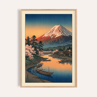 Framed Mount Fuji Sunset Poster showing boats on a river at sunset with pink cherry trees