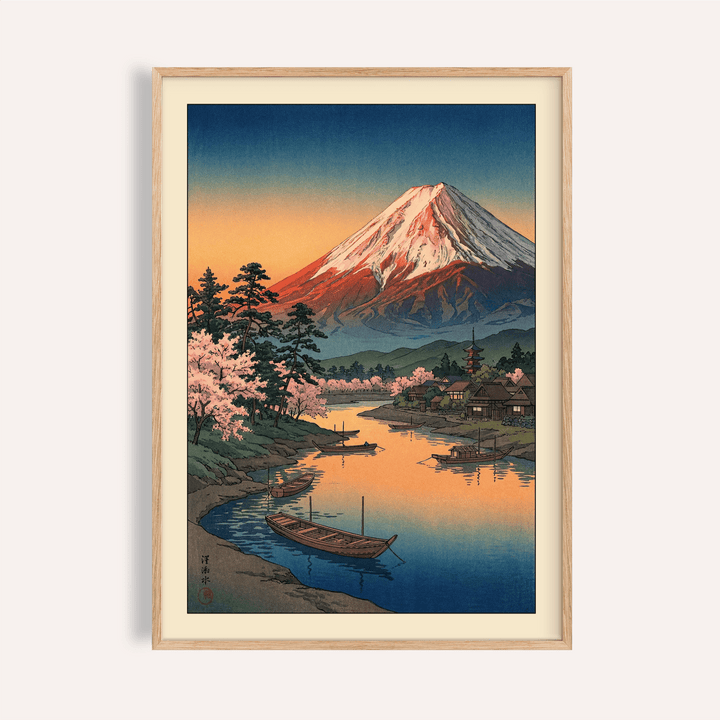 Framed Mount Fuji Sunset Poster showing boats on a river at sunset with pink cherry trees