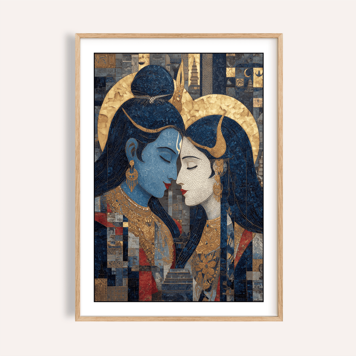 Framed close-up of Pic Of Shiva And Parvati wall art with gold and blue tones