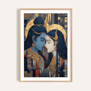 Framed close-up of Pic Of Shiva And Parvati wall art with gold and blue tones