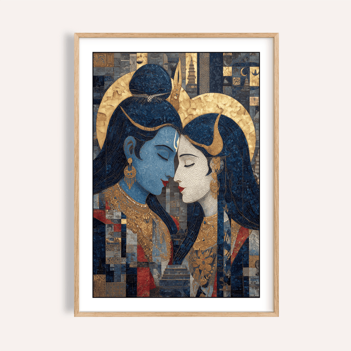 Framed close-up of Pic Of Shiva And Parvati wall art with gold and blue tones
