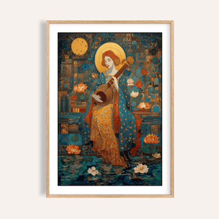 Framed Saraswati Veena print of a woman playing lute with detailed blue and gold art deco design