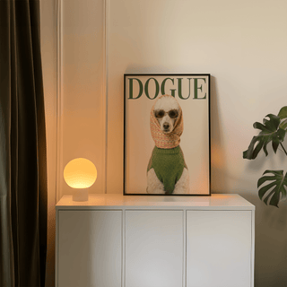 Fashion Poodle wall art print leaning on a white cabinet with a glowing round lamp and plant nearby