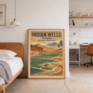 Vintage Tennis Poster leaning against a wall by a bed in a minimalist bedroom