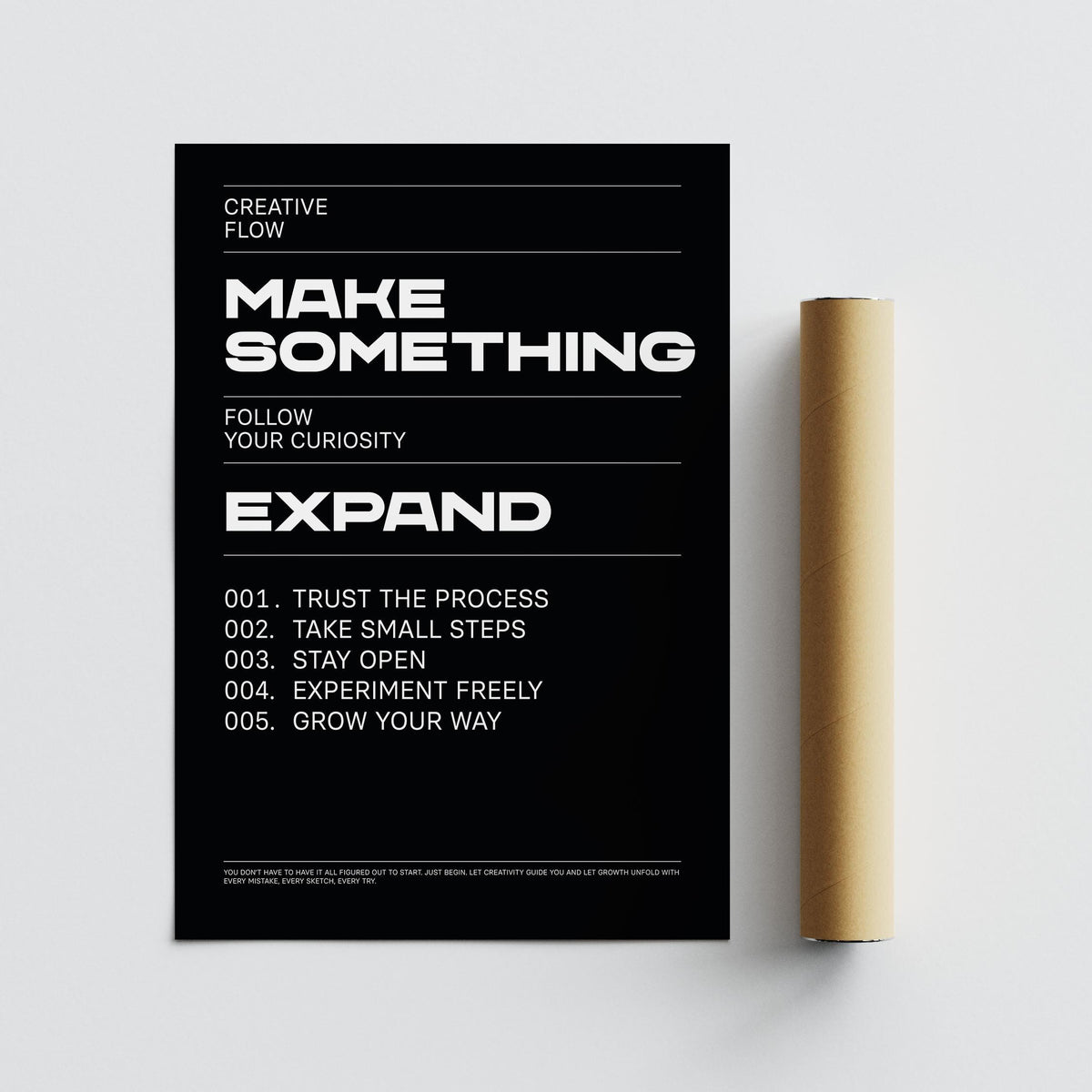 Wall Art Phrases print with motivational text in bold white font on black background with packaging tube next to it