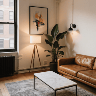 Colorful Wabi Sabi Print framed and hung above a lamp in a living room with a leather sofa
