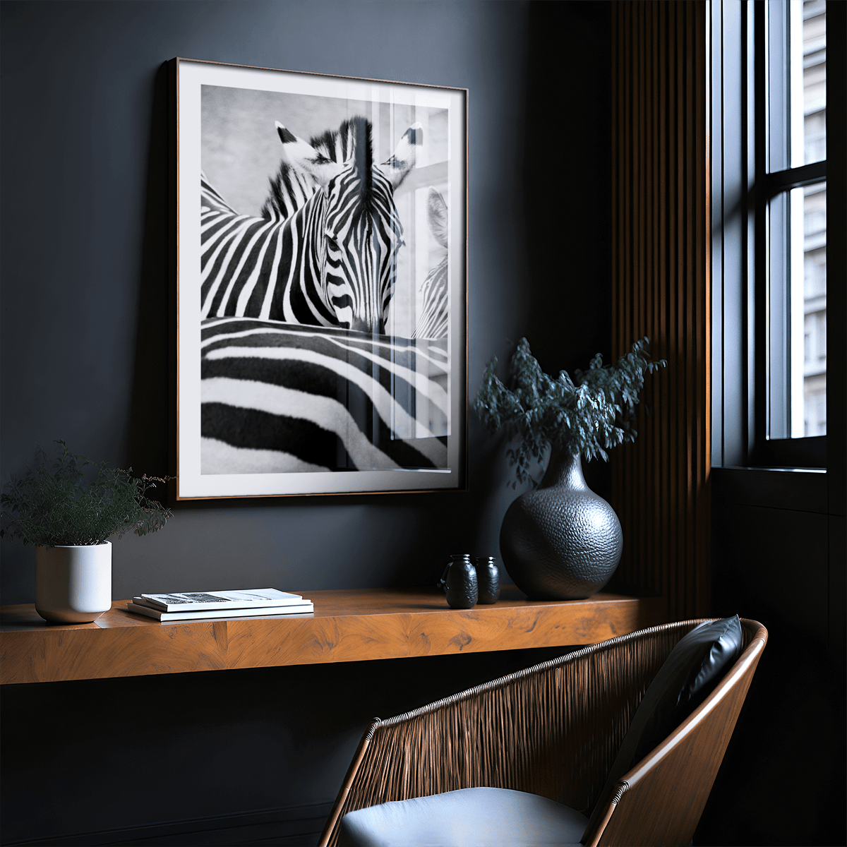 Zebra Black White wall art framed print close-up with strong black and white stripes above a wooden shelf