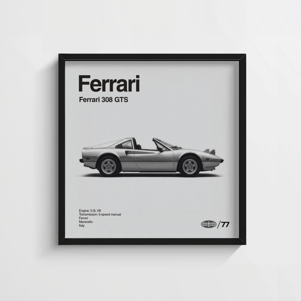 Black and white graphic poster of classic convertible car for contemporary den wall art
