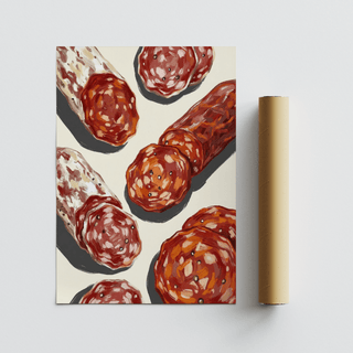 Italian Salami Print rolled alongside a packaging tube on a pale surface