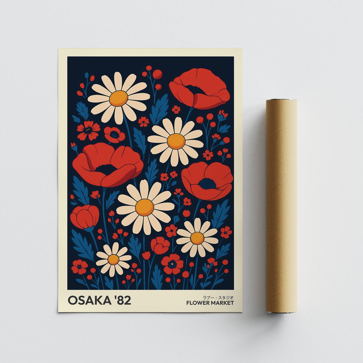 Retro flowers art print with red poppies and cream daisies with a rolled packaging tube