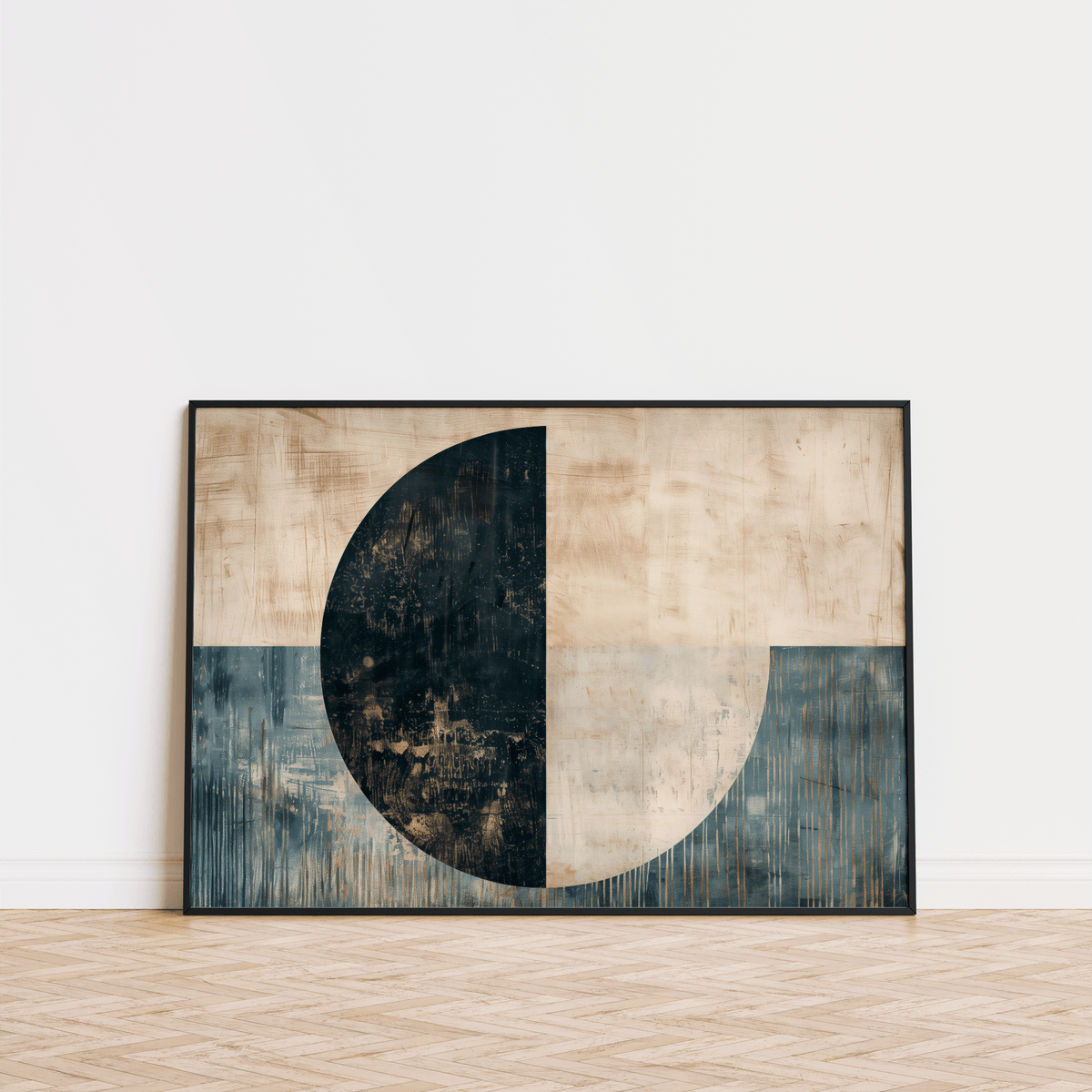 Modern Art Poster print leaning against a white wall with beige and dark blue half circle shapes on wooden floor
