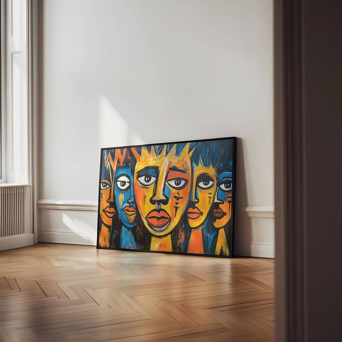 African wall art for living room leaning on floor with colourful tribal expressionist faces and light wood parquet