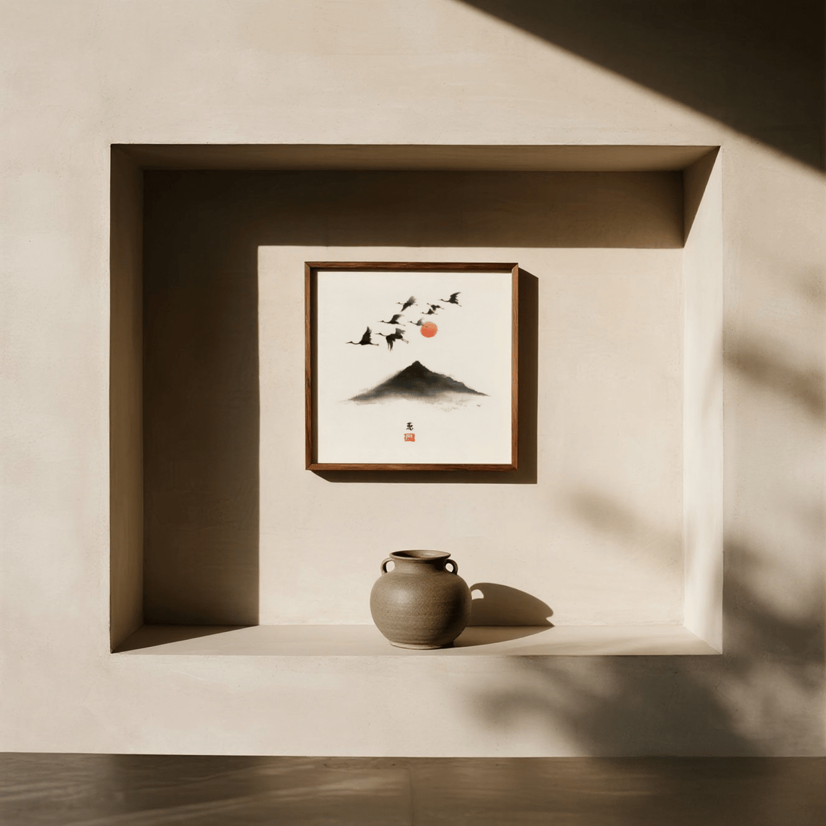 Crane Mountain Art print with flying birds and orange sun above a dark mountain beside a ceramic vase