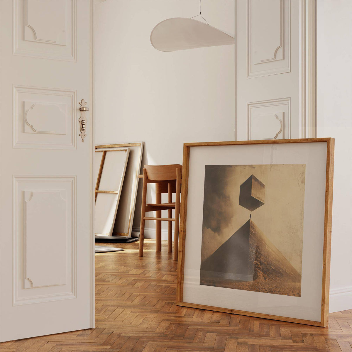 Neutral Color Wall Art leaning on a wooden floor with a chair and other frames behind