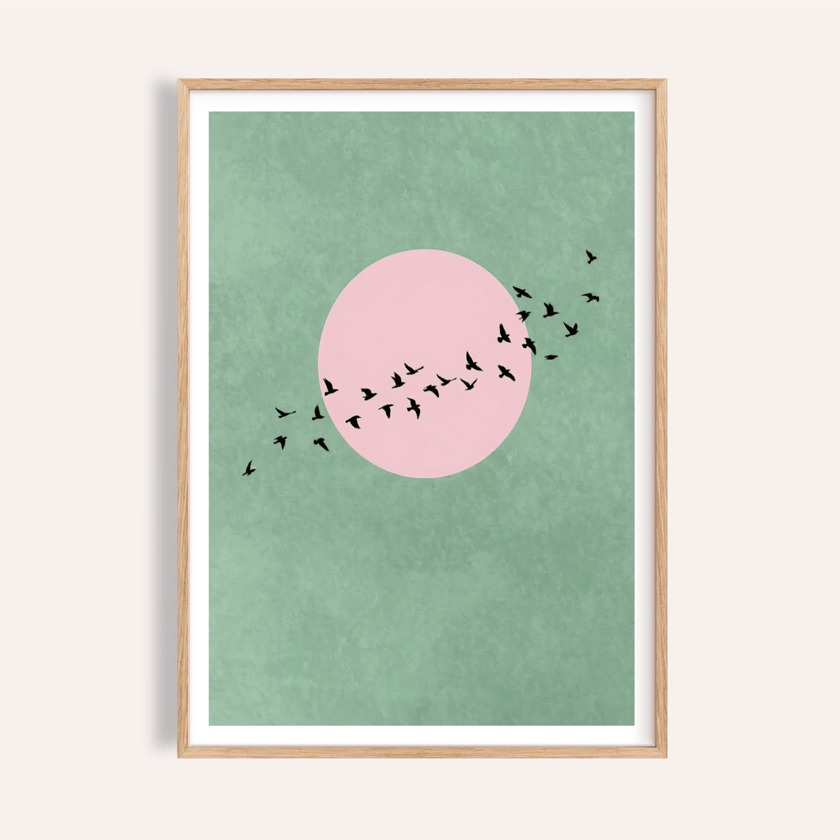 Minimalist wall art set of 2 green textured background with pink sun and black flying birds