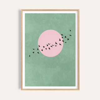 Minimalist wall art set of 2 green textured background with pink sun and black flying birds