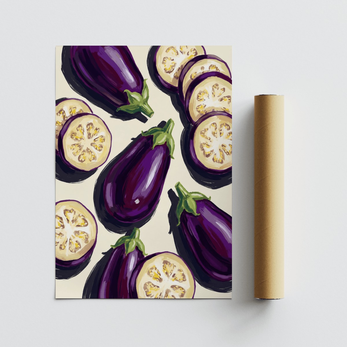 Aubergines Art Print with whole and sliced aubergines next to a packaging tube