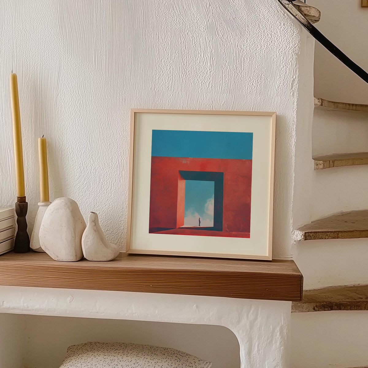 Abstract Surrealism Art print of a person in a red geometric passage with blue sky leaning on a wooden shelf