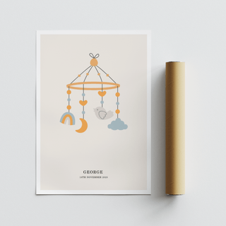 Personalised Baby Poster with a baby mobile illustration in orange and blue tones next to a packaging tube
