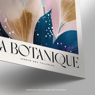 La Botanique Print detail close-up of abstract floral leaves in blue and brown on matte paper