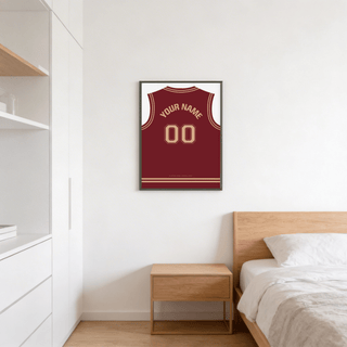 Basketball Jersey Poster in Maroon with Tan Number above a wooden bedside table in a bedroom