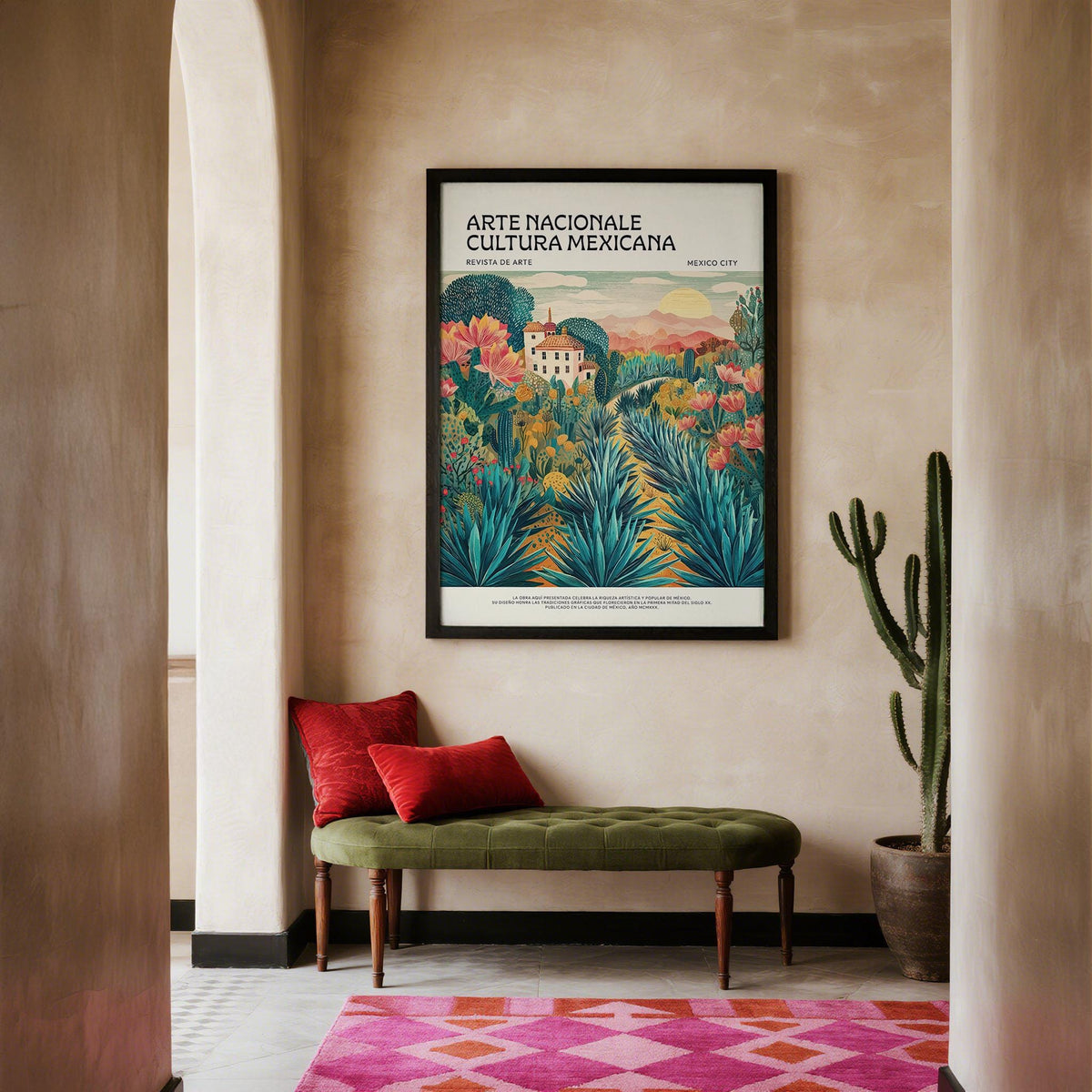 Mexican Landscape Art print with agave plants and house in green and pink tones framed on a beige wall near a potted cactus