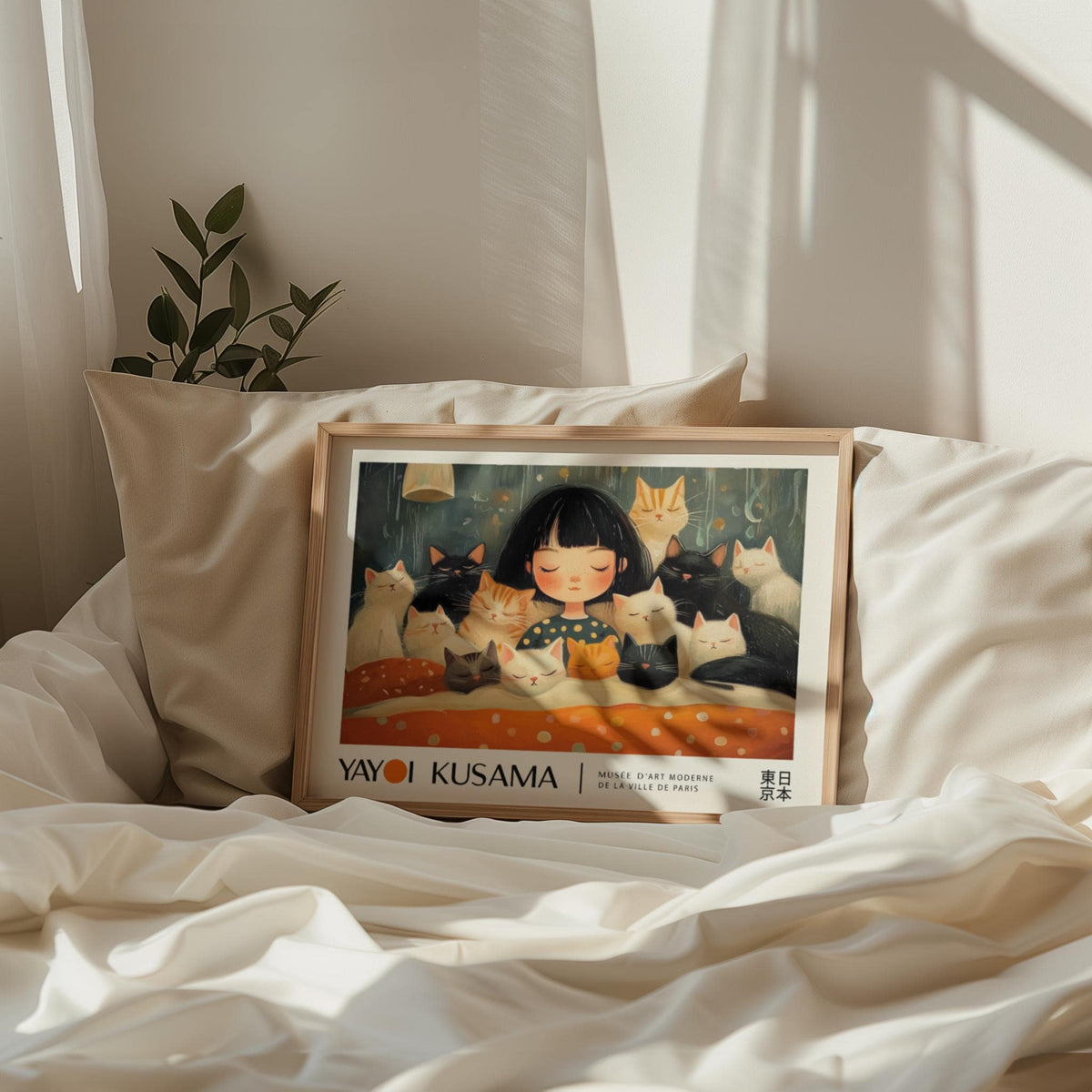 Framed Cat Art Print of a girl with sleeping cats in warm colours resting on white bedding with a plant