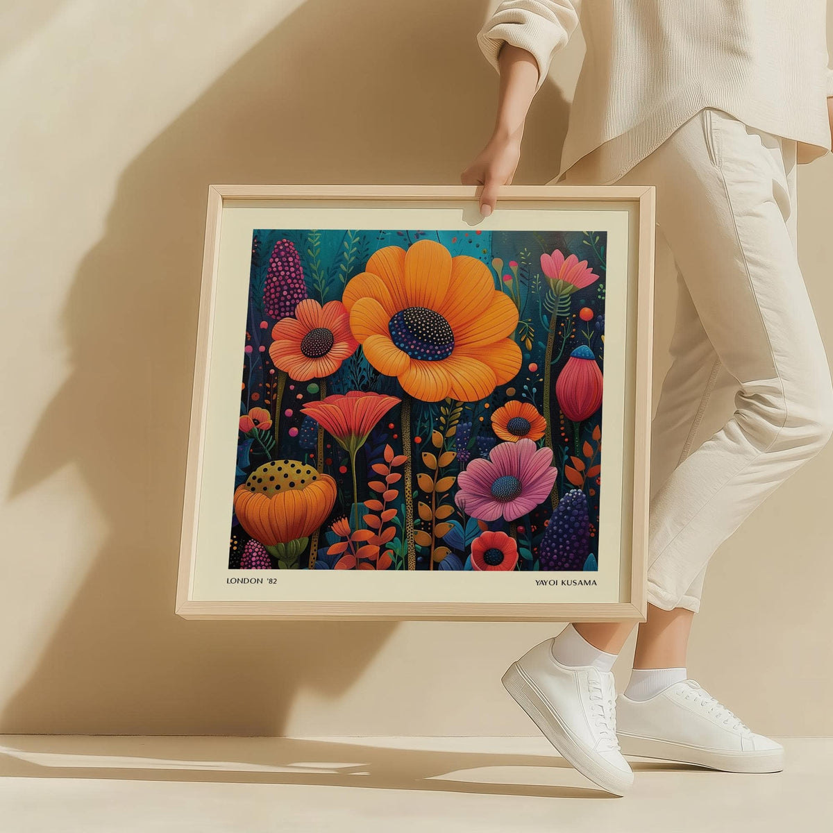 Framed print of colourful petals with orange and pink flowers held by a person in cream clothes