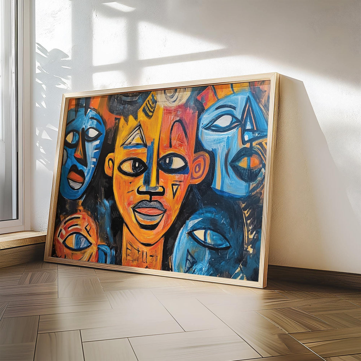 Abstract African wall art of tribal faces in orange and blue colours leaning on a wooden floor next to a window