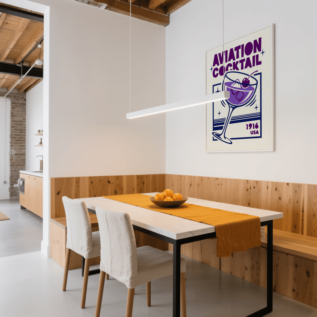 Aviation Cocktail Print on a white wall in a dining area with wooden panel and table with orange runner