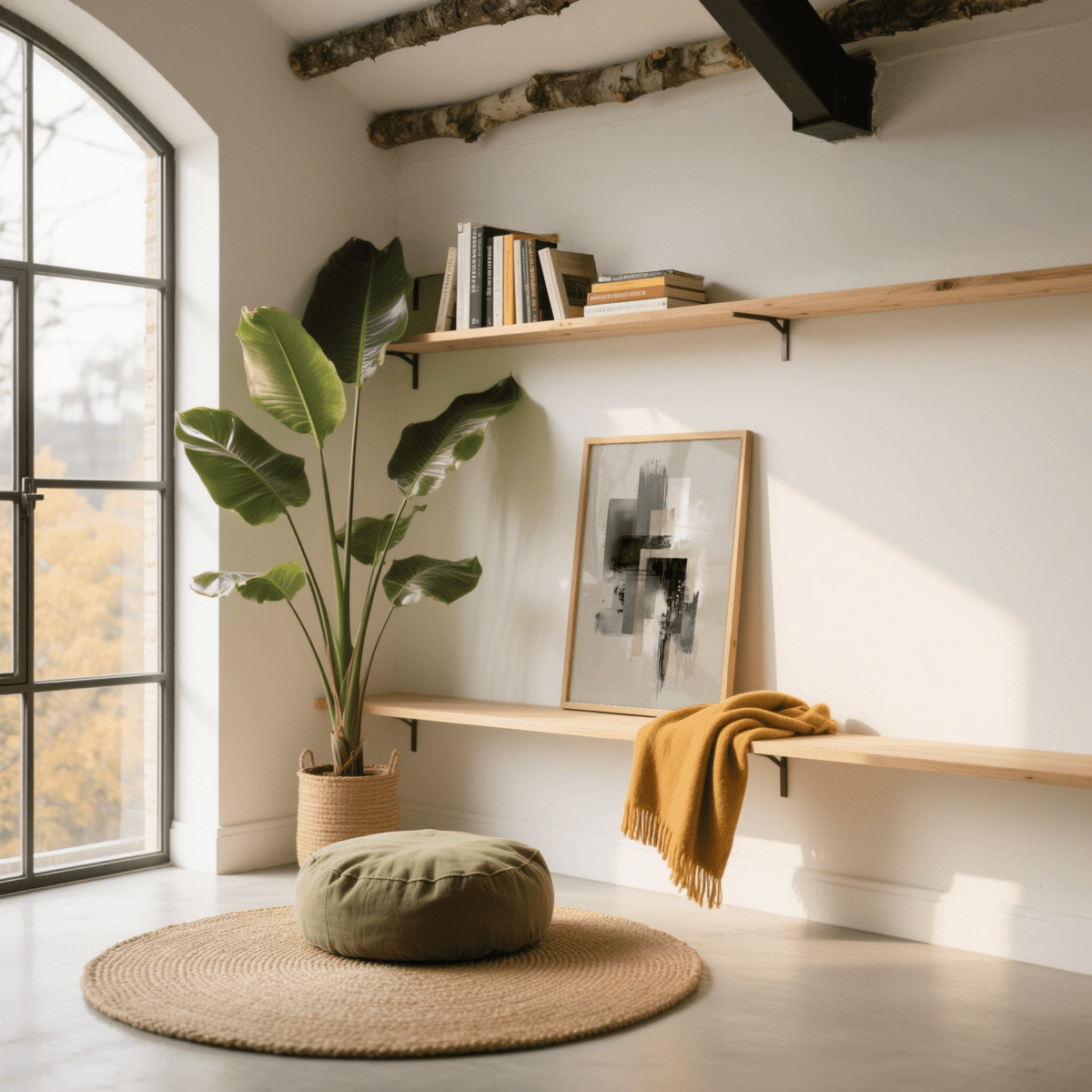 Modern Abstract Poster leaning on a bench with a green pouf and a large leafy plant in a light room