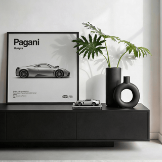 Italian Hypercar Poster framed print with minimalist grey car illustration and black modern vases