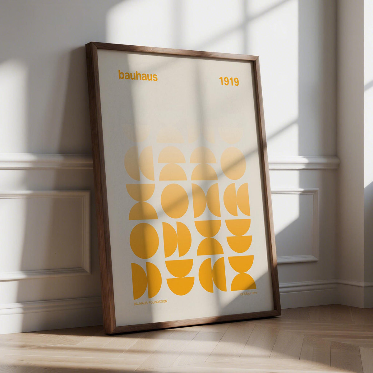 Posters Bauhaus leaning print with yellow geometric shapes and shadows on the floor
