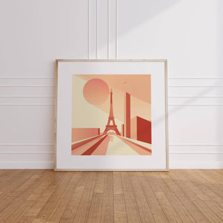Eiffel Tower Poster Wall Art leaning against a white wall on wooden floor in soft peach and beige tones
