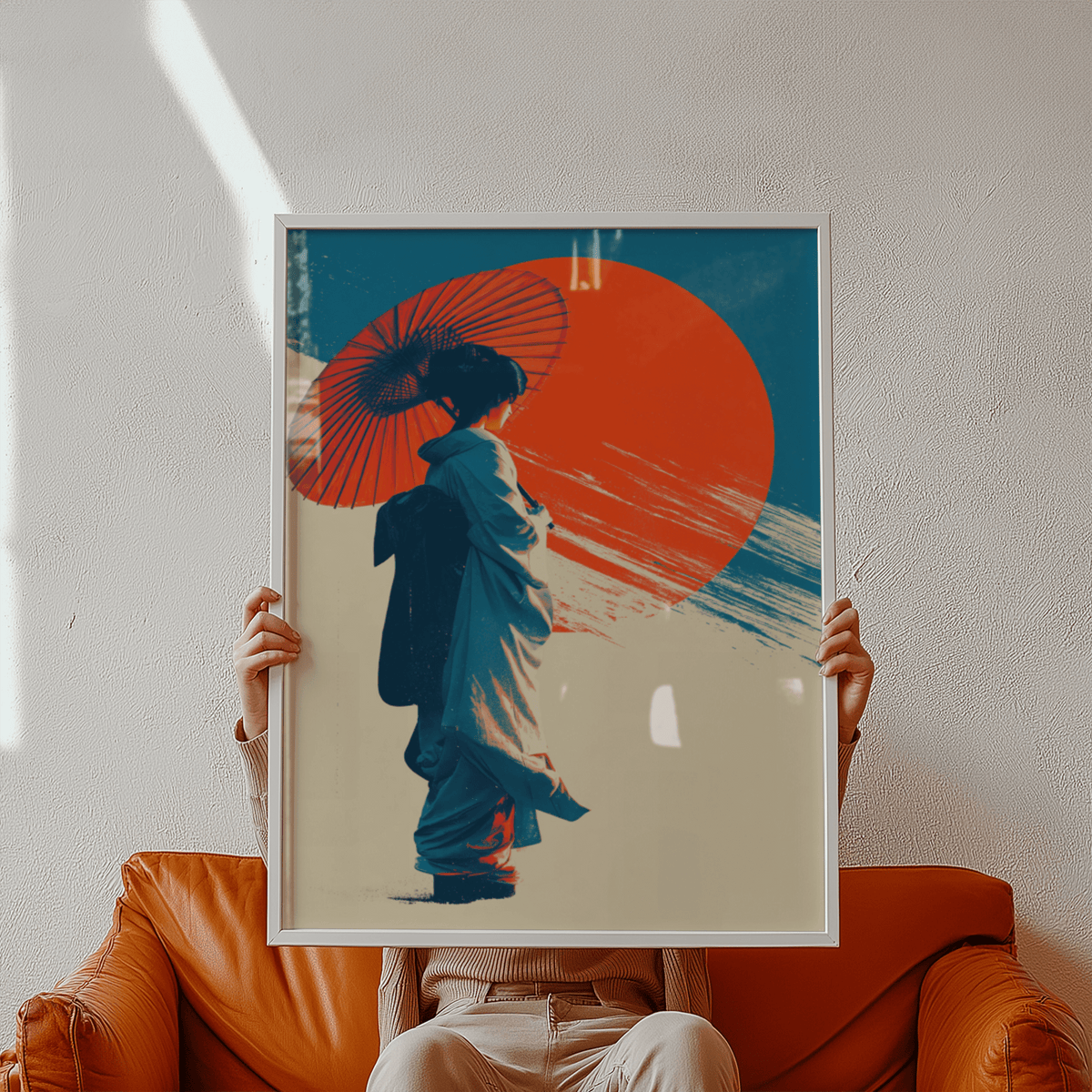 Modern Japanese Geisha Pop Art wall art with Blue kimono, Red umbrella, Beige accents for office