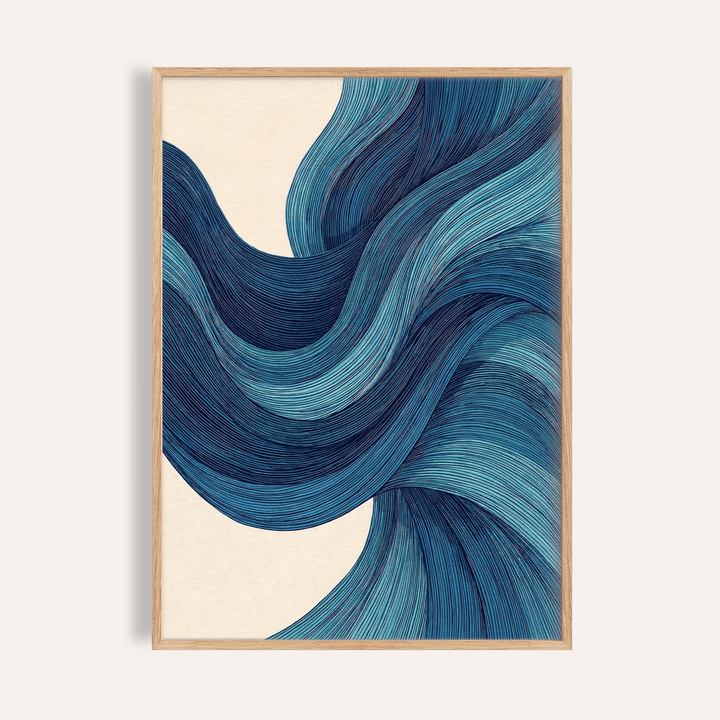 Abstract Wave Art framed print close-up showing blue wave lines with an off-white background