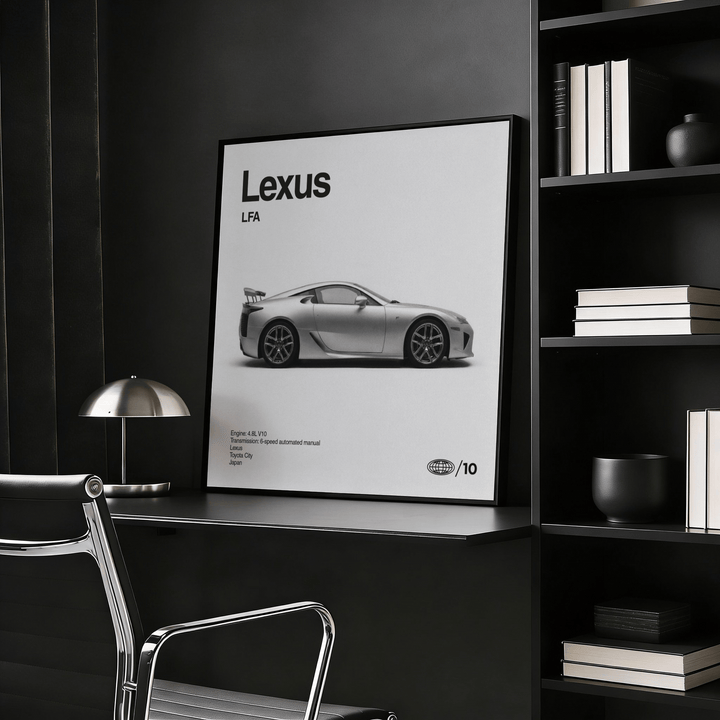 Japanese Supercar Poster leaning on a black desk with a silver lamp and black shelving in a dark room