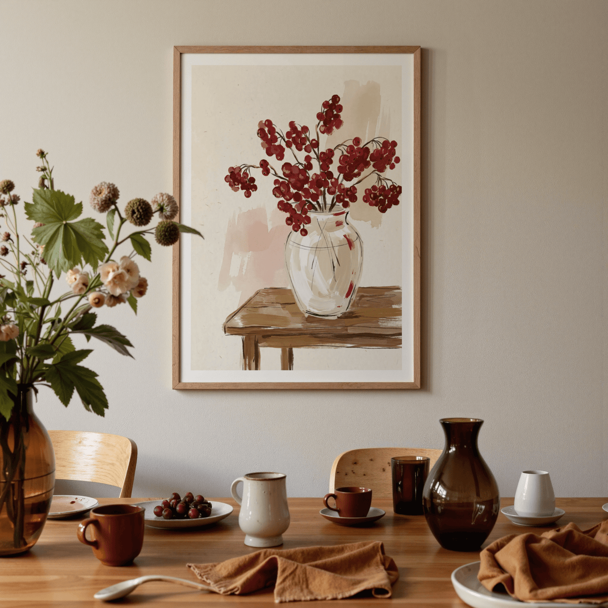 Print on a wall in a dining room showing a red berries poster above a wooden table with crockery