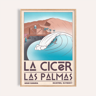 Framed Las Palmas wall art of a surfer on a blue wave with brown mountains in the background