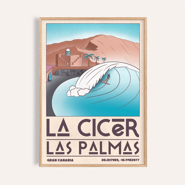 Framed Las Palmas wall art of a surfer on a blue wave with brown mountains in the background