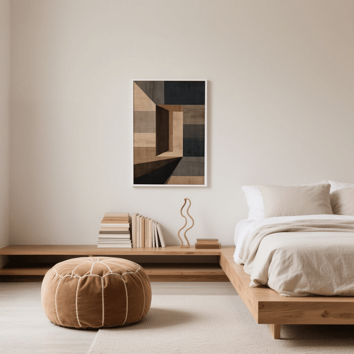 Abstract Geometric Wall Art with muted browns and greys above a wooden shelf in a bedroom