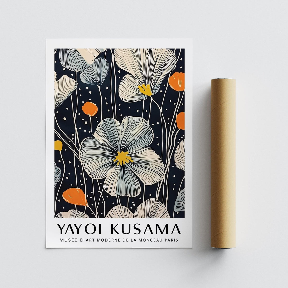 Large Flower Wall Art print with cream and orange blooms next to a packaging tube