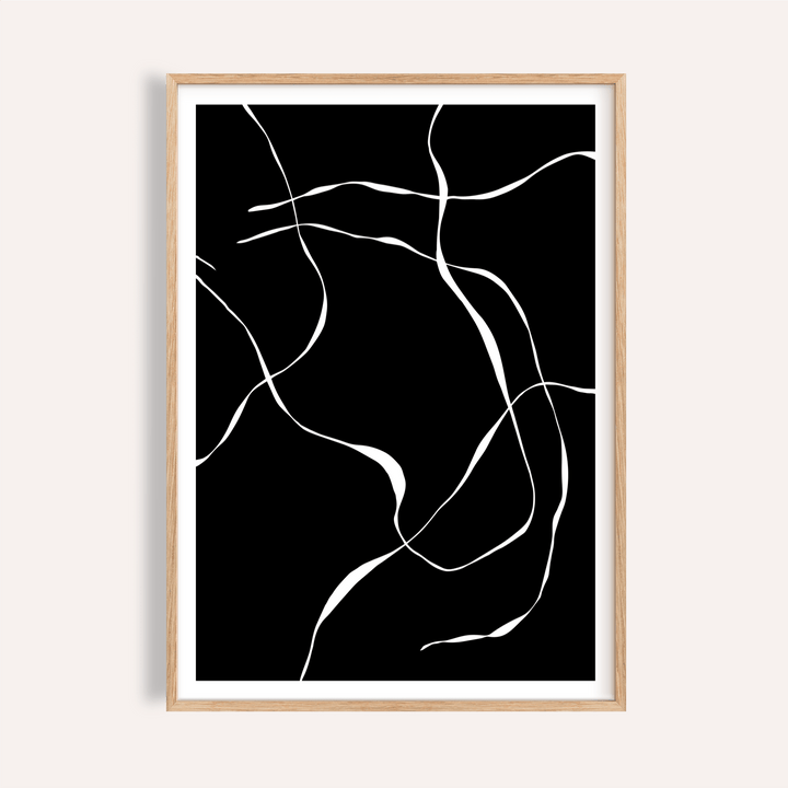 Framed Abstract Lines Art Print with white abstract lines on black background