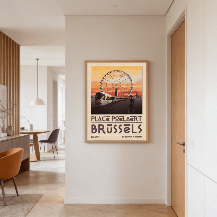Print on a wall in a hallway featuring Brussels Cityscape Art Print with an orange sky and vintage style