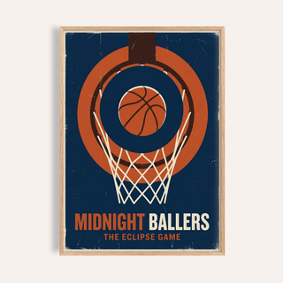 Framed Basketball Game wall art of basketball hoop and ball in retro style with dark blue and orange colours