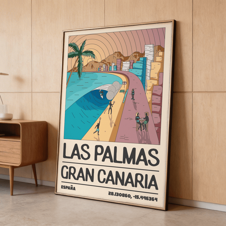 Framed Las Palmas Art Print leaning against a wall with a wooden sideboard nearby