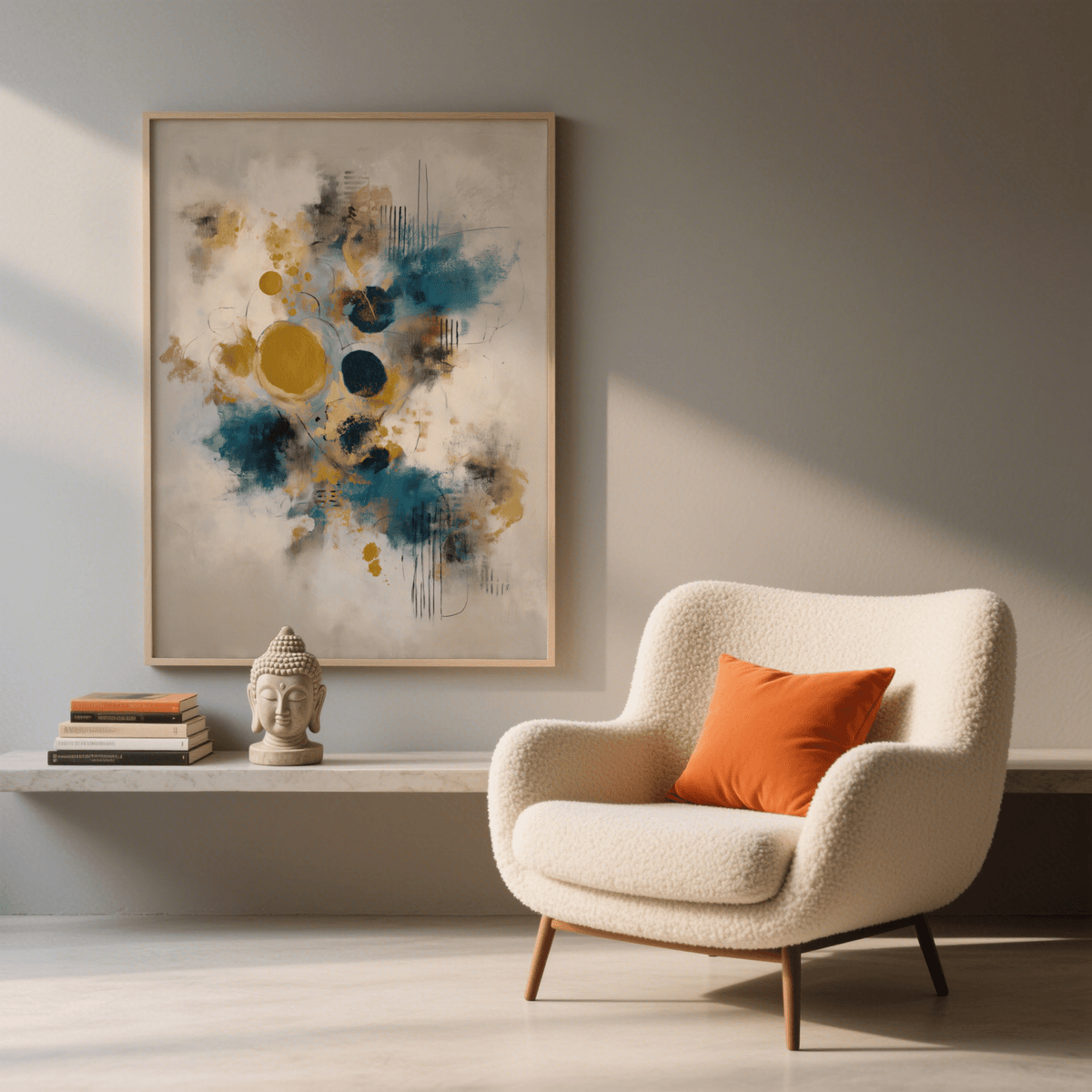 Modern Art Print of abstract blue and gold shapes above a Buddha head sculpture in a living room